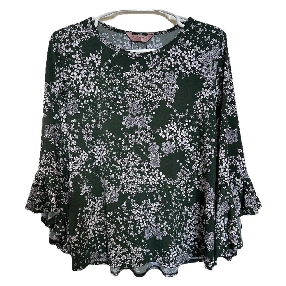 Boho Forest Green & White Ditsy Floral Bell Sleeve Blouse-M-Peasant Ethereal